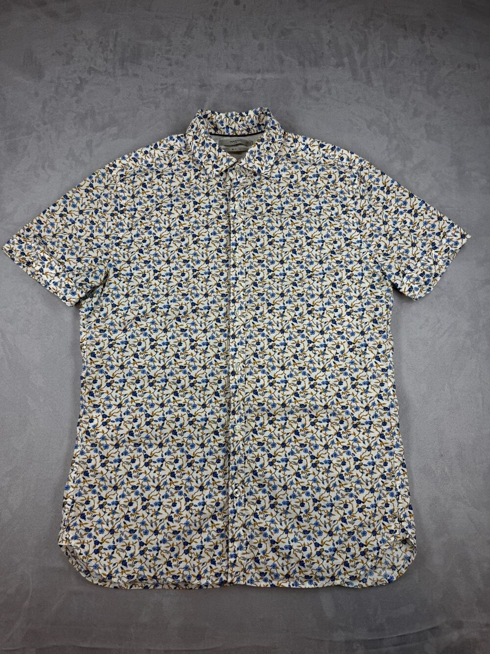 Mango Man Men' XS Slim Fit Short Sleeve Button Up Shirt Blue/Gold Floral Print